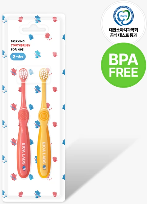 BPA FREE 에이카랩스 어린이 유아 코뿔소 칫솔 2종 만2세 이상 초등학교 저학년 유치원 어린이집, B타입(노랑+분홍), 1세트, 2개입 - 쿠팡