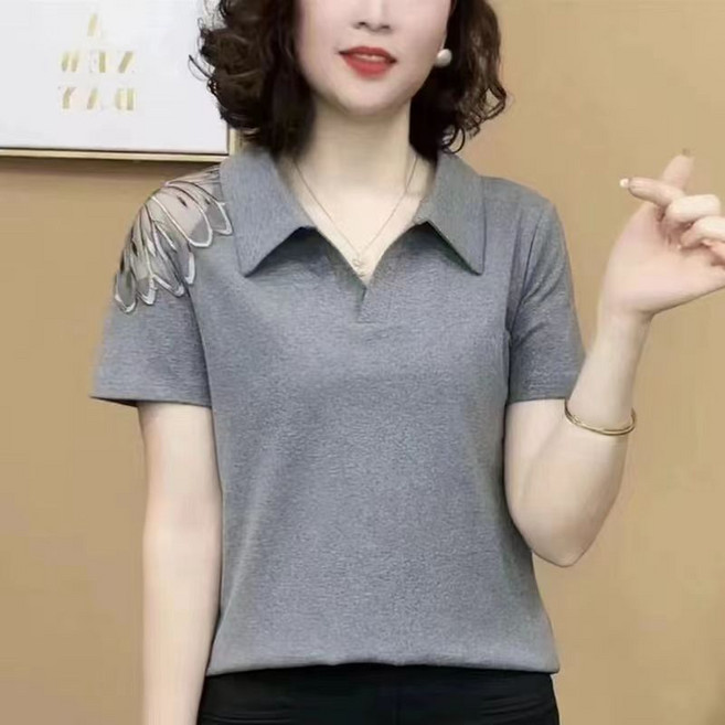 메인워크 중년 여성 빅사이즈 폴로넥 반팔 티 여름 엄마룩 스판 펀칭 슬림핏 기질 냉장고 아이스 솔리드 베이직 패션 상의