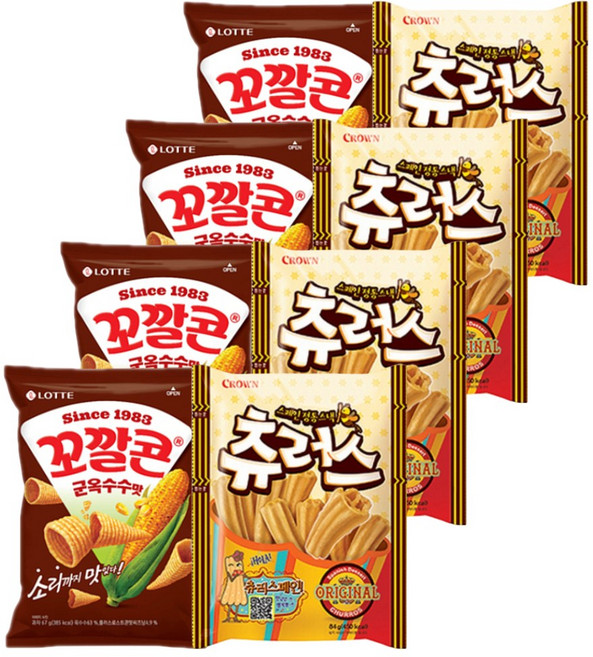 롯데 크라운 스낵모음 꼬깔콘 군옥수수 67gx4P+츄러스 84gx4P (총8P), 1세트, 604g