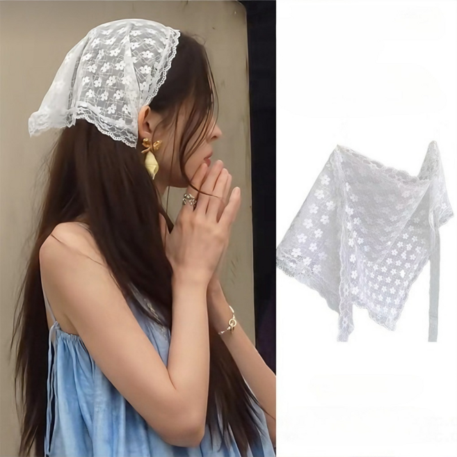 귀염 뽀작 자수 뜨개 크로쉐 레이스 삼각스카프 머리띠