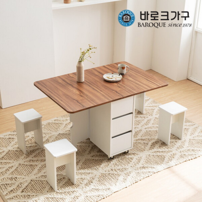 [바로크가구] 폴드 이동식 확장형 접이식식탁 테이블/3단서랍형_착불배송_CP, 색상:화이트+멀바우