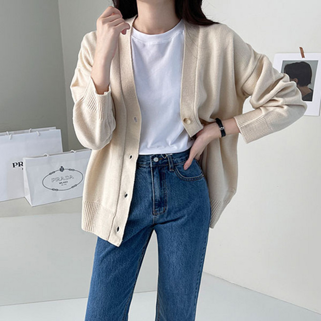 바이단미 MADE 여성용 니트 긴팔 브이넥 무지 빅사이즈 루즈핏 박시 베이직 오버핏 가디건