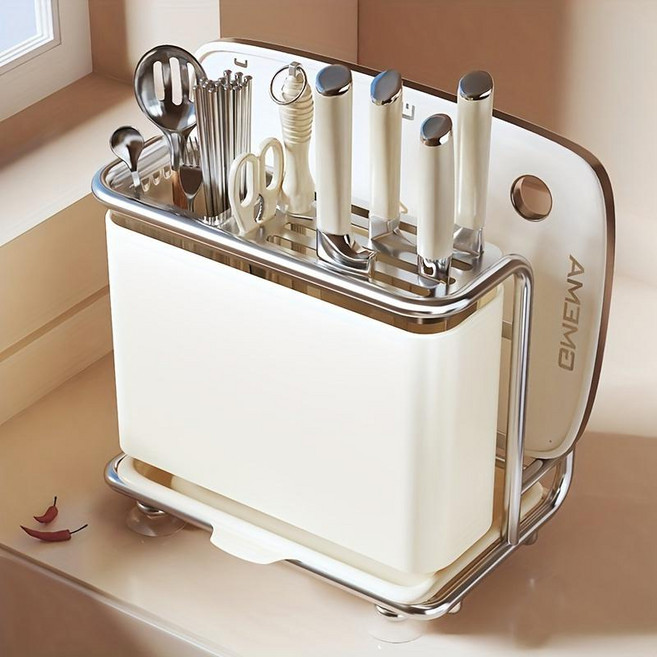 스테인리스 다기능 주방 도구 도마 정리대 물받이 트레이 포함 수납 선반, 스테인리스화이트, 1개