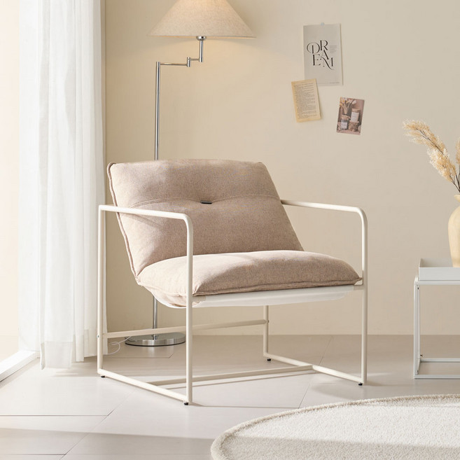 디자인제이 컴포즈 모던 카페 1인용 쇼파, 화이트 프레임, 멜란지 베이지