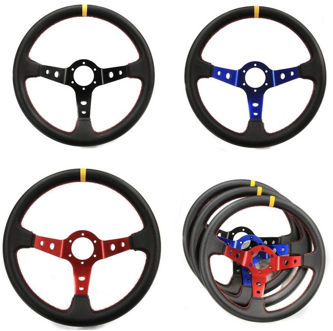 제로몰 자동차 튜닝 레이싱 마이너스 핸들 350mm 세무 가죽재질 차량용, 가죽핸들 레드