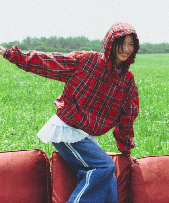 론론 RONRON PENDANT FRILL HOODIE WIND JUMPER RED CHECK