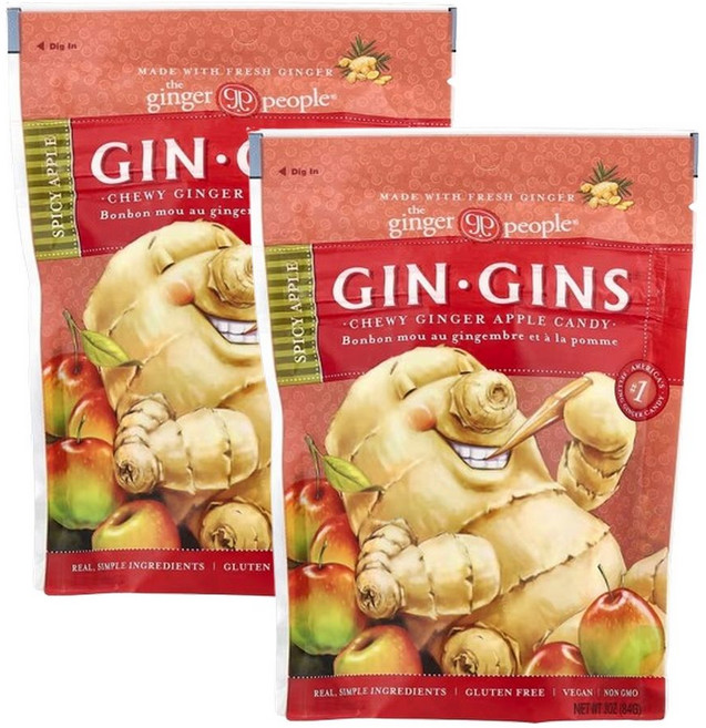 The Ginger People Gin·Gins 씹어먹는 생강 캔디 스파이시 애플 3 oz (84 g) 2팩, 84g, 2개