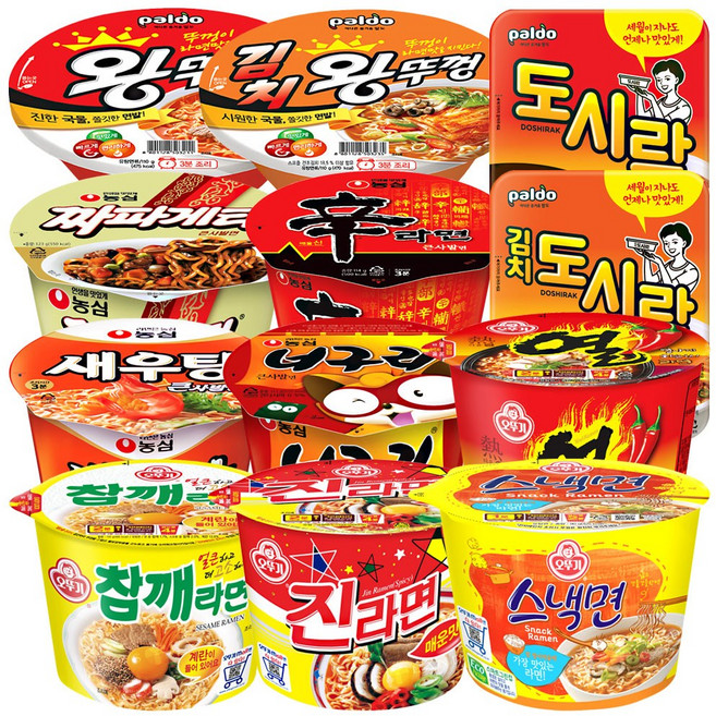 용기컵라면 12종 1세트 농심(신라면+너구리+새우탕+육개장사발면)+오뚜기(진라면매운+스낵면+열라면+참깨)+팔도(왕뚜껑+김치왕뚜껑+팔도도시락+김치도시락), 1개