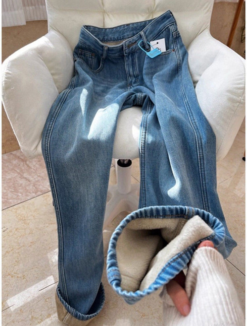 刷毛保暖高腰直筒寬鬆牛仔長褲