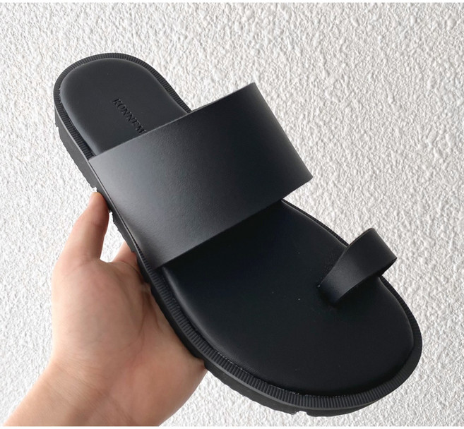 코튼 발가락 키높이 가죽 스트랩 슬리퍼