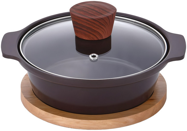 쿠킨 세라믹 인덕션 건강 뚝배기 냄비 + 나무 받침대, 16cm, 1개