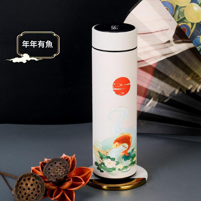 潮東方 創意不鏽鋼智慧顯溫杯 京劇臉譜中國紅, 國潮二代白色 彩盒裝, 1套, 500ml
