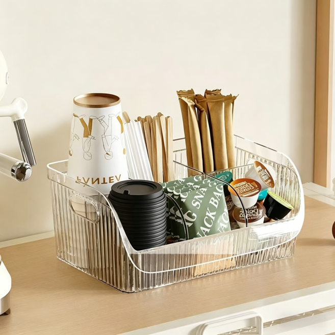 YAPOGI 다용도 티타임 소품 정리함 티백 커피 보관함 종이컵 디스펜서 탕비실 정리함, 투명 화이트,중간 사이즈, 1개