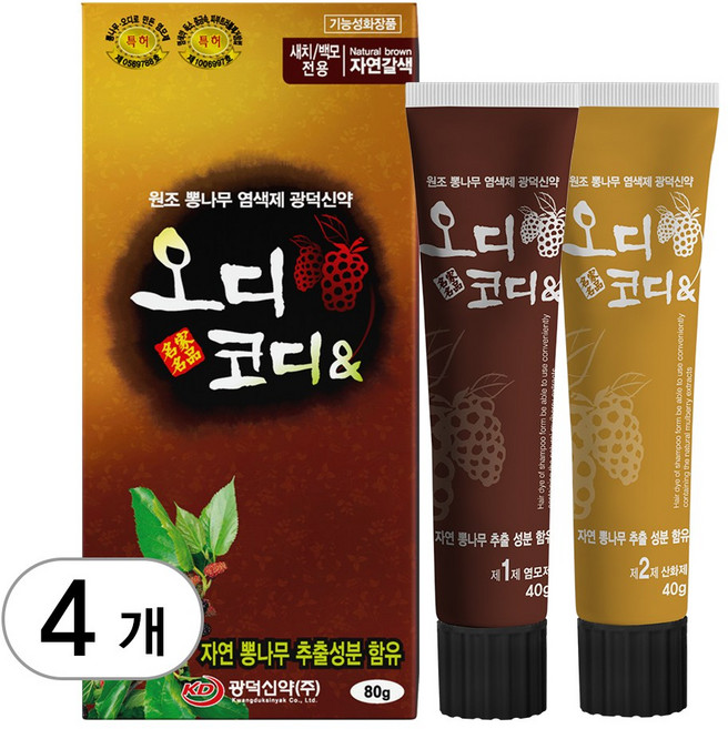 오디코디앤(튜브형) 80g / 피부 비자극 시험 완료 뽕나무 새치 염색약, (새치/백모용) 자연갈색, 4개
