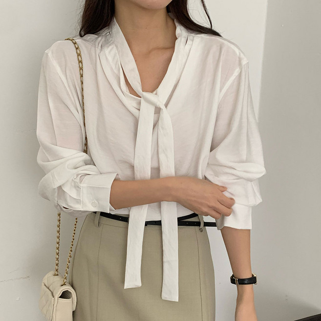 [SML사이즈]여성 클래식 스카프 타이 블라우스 셔링블라우스 출근룩 데이트룩 오피스룩 쉬폰 빅사이즈