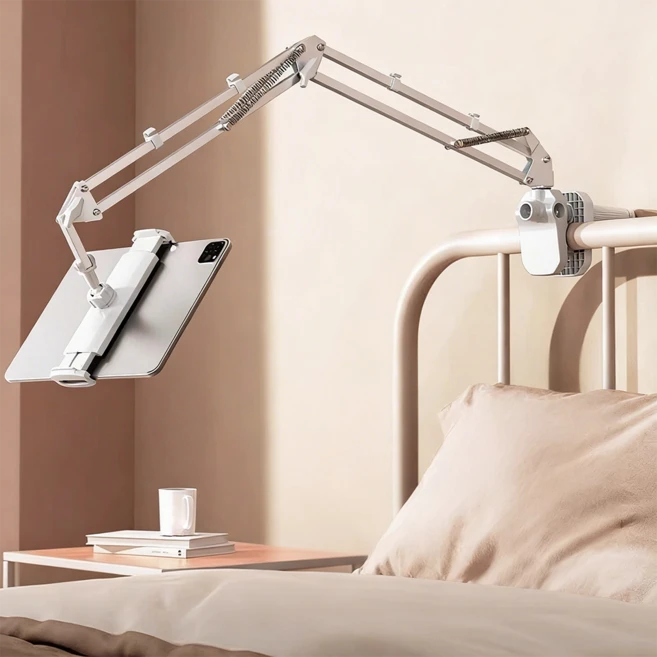 SOTCAR 침대형 태블릿 핸드폰 거치대 강화형 + 집게 고무패드 베이스 아이패드/갤럭시탭/삼성 갤럭시 핸드폰 거치대, 흰색, 1개, CT08 - 쿠팡