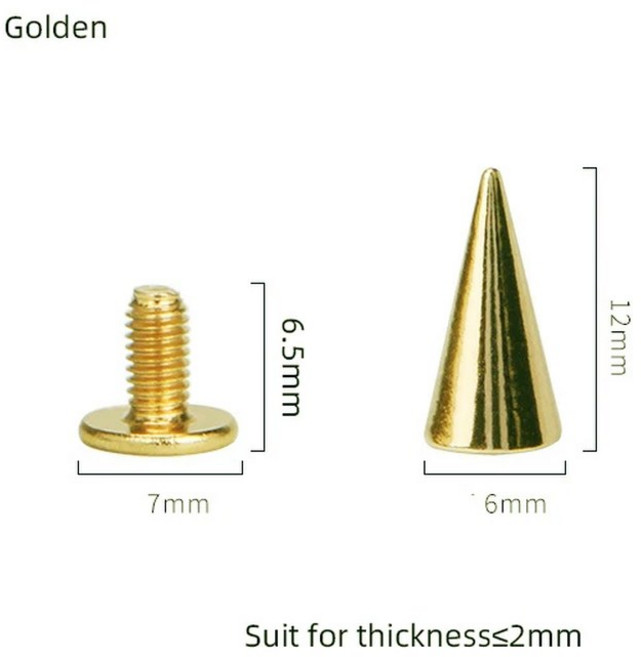 펑크 스파이크 콘 스팟 금속 스터드 가죽 공예 리벳 총알 의류 가방 벨트 애완 동물 칼라 6*12mm 100 세트, Golden