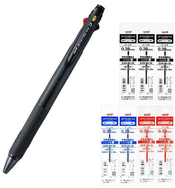 제트스트림 3색 펜 0.38mm SXE3-400-38, 3색 블랙 1개+리필 7개(흑3청2적2), 1세트