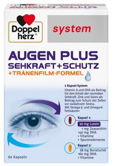 독일 내수용 도펠헤르츠 아이 플러스 비전 프로텍션 루테인 오메가3 눈 영양제 Doppelherz System Eye Plus Vision + Protection, 60정, 1개