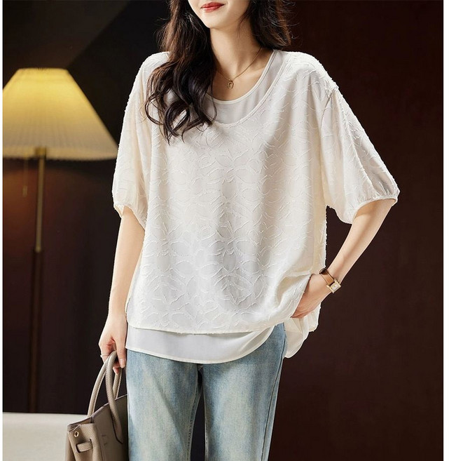여성 여름 쉬폰 반팔 블라우스 루즈 입체 패턴 라운드넥 시원한 반팔 티셔츠