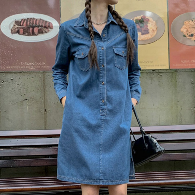 마이쏭 다이브카라데님원피스 여성용 빅사이즈 청원피스 데님 데일리룩 긴팔 루즈핏 카라데님원피스