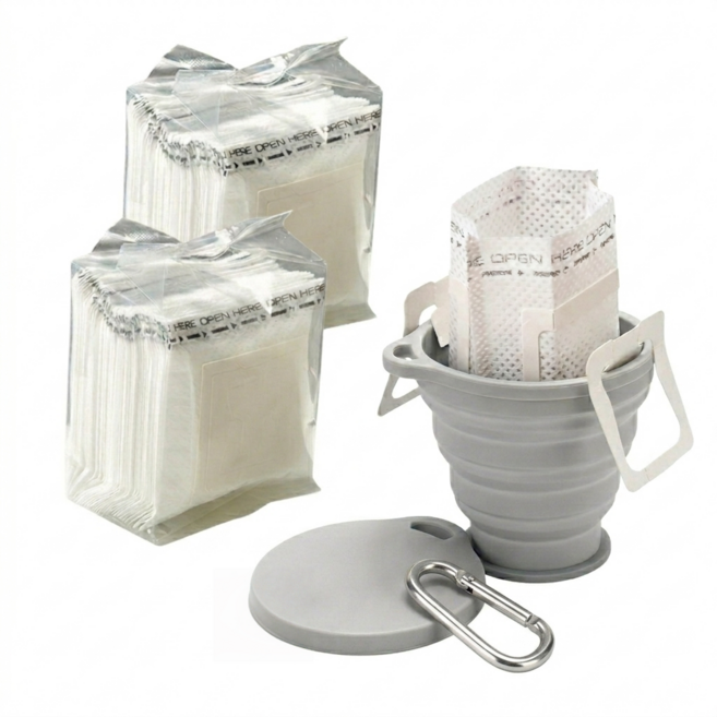 YITUMU 드립백 필터 커피필터 여과지 1~2인용 실리콘 접이식 컵 캠핑 세트, 1개, 100개