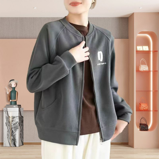 Neirny 여성 라운드넥 긴팔 자켓 봄가을 간절기 야구점퍼 패셔너블 캐주얼 집업 루즈핏 맨투맨 바람막이 쇼트 코트