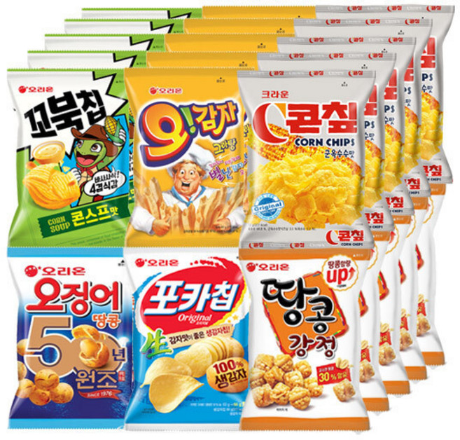 오리온 MINI 포카칩 오리지널 30g+오감자 30g+꼬북칩 30g+오징어땅콩 80g+땅콩강정 65g+콘칩44g, 1세트, 각5개(30개)