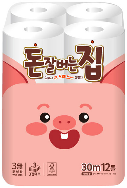 돈잘버는집 3겹 롤화장지, 30m, 12개입, 1개