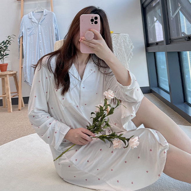 릴리앤로사 모달 긴팔 하트 원피스 단추 수유 임부 가운 잠옷 신혼 홈웨어 선물 파자마