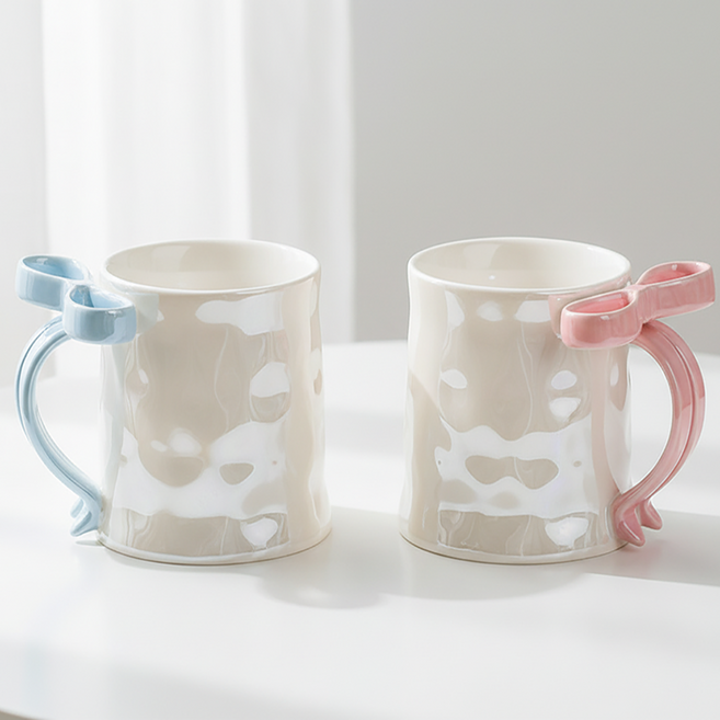 (바닐라멜론) 리본 도자기 머그컵 1+1, 2개, 블루+핑크