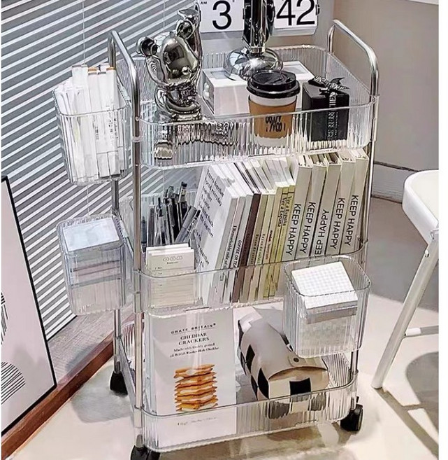 에브릭 틈새선반 이동식 투명 트롤리 다용도 화장품 바퀴달린 수납함, 3단