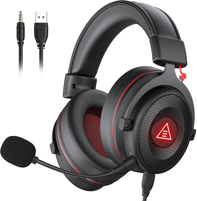 EKSA E900 게이밍 헤드셋 탈착식 노이즈캔슬링 마이크 ps4/ps5/xbox 호환, black-red USB 연결선 RGB, black-red USB 연결선 RGB