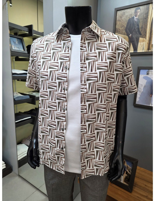 바쏘옴므 WSZ2TT13A -3990 브라운 면 마 혼방 기아학 패턴 쿨 린넨 블랜드 반팔 셔츠