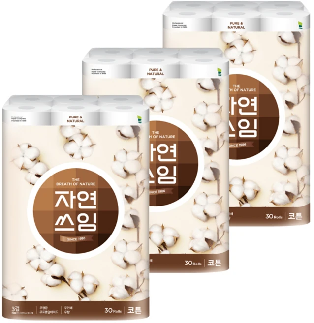 더 도톰한 자연쓰임 코튼 무형광 화장지 3겹 27m 30롤 3팩 총 90롤, 30개입, 3개 - 쿠팡