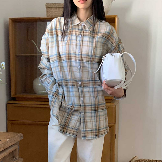 다올샵 여성 체크남방 오버핏 셔츠 긴팔 다양한컬러 핑크 옐로우 스카이 블루