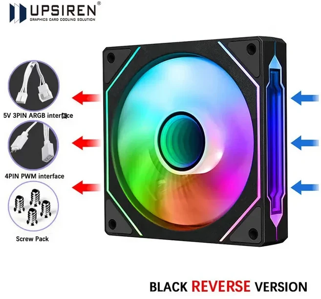 UPSIREN UF-1 PRISM 4 PRO 컴퓨터 섀시 선풍기 ARGB 핀 PWM 저소음 냉각 12V 대용량 풍량 45.2CFM/600-150, 01 기타, 01 A-RGB, 01 Black REVERSED