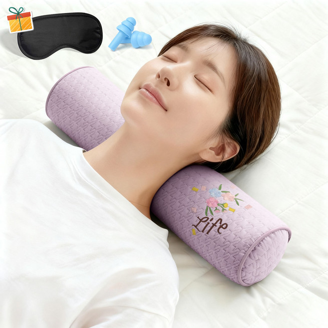 Norvee 인체공학 메밀 경추베개 3D 자수 디테일 높이조절 목지지 숙면 베개, 보라색, 1개
