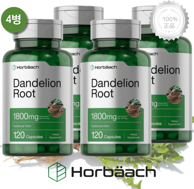 4병 호바흐 고함량 서양 민들레 뿌리 1800mg 120캡슐 단델리온 Dandelion, 4개, 120정