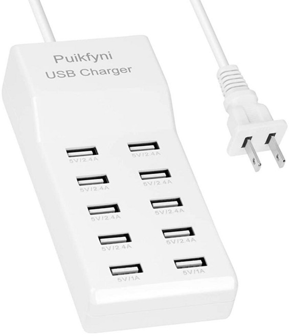 Puikfyni 휴대용 USB 충전 스테이션 4개의 USB C 및 6-A-포트 50W 10A USB 충전기 블록 여러 장치용 스마트폰 태블릿 스마트워치 헤드폰 스피커, 화이트