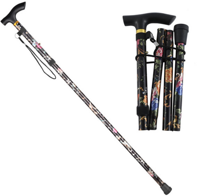 접이식 5단계 길이조절 꽃무늬 지팡이 가벼운 초경량 효도 노인 패션 스틱, 블랙, 1개