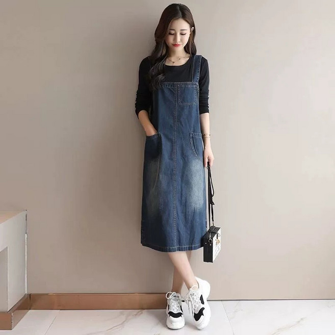 ZAJA 여성 데님 멜빵 원피스 루즈핏 데일리룩 학생룩