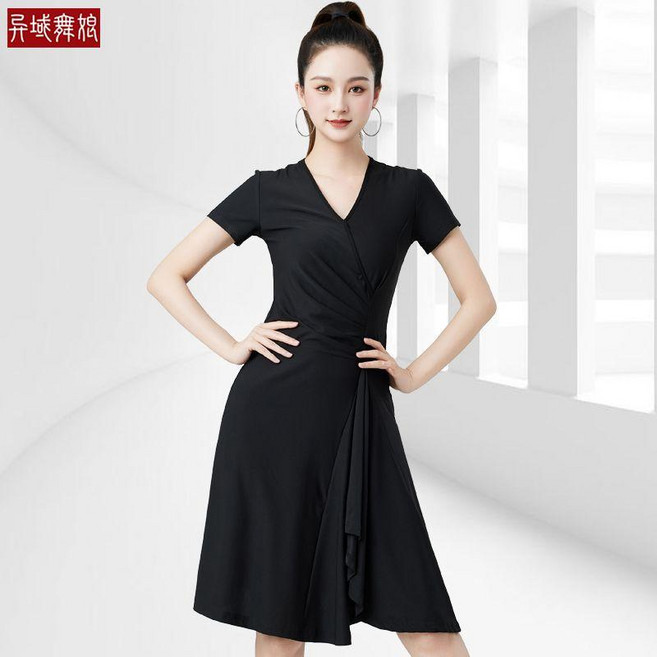 成人女拉丁舞練功服新款連衣裙夏短袖修身顯瘦跳交誼廣場舞蹈裙子 副廠商品