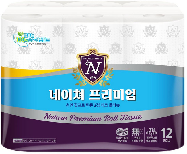 네이쳐 프리미엄 100% 천연 펄프 롤화장지, 1개, 12롤, 30m