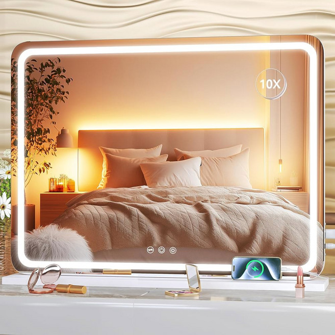 하시푸 베니티 미러 32인치 x 20인치 LED 메이크업 가능한 3가지 모드의 라이트 터치스크린 컨트롤 미러 스퀘어 화이트, White, 32"L 22"W