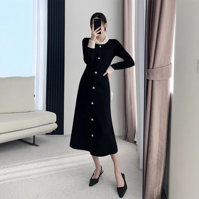 長款針織毛衣裙 法式赫本風氣質連衣裙, 黑色,XL