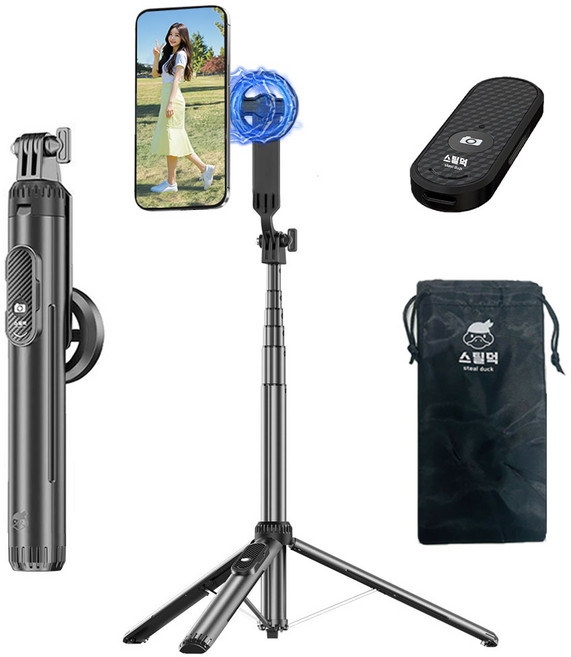 스틸덕 155cm 맥세이프 최고봉 셀카봉 삼각대 올인원 블루투스 C타입 리모컨, 블랙, 1개