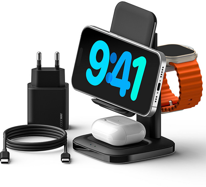 코드웨이 23w 3in1 고속 무선충전기 거치대 애플워치 갤럭시 워치 호환 초고속 충전기 포함, 블랙, 1개