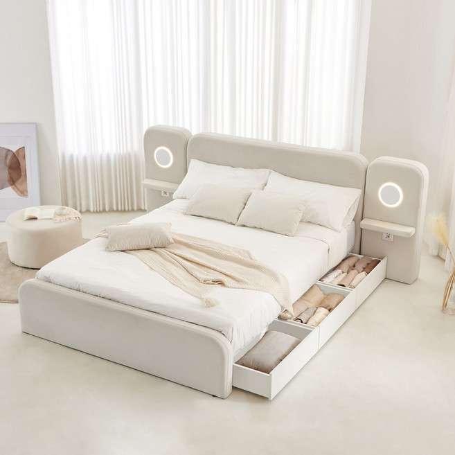 동서가구 소프틴 아쿠아텍스 패브릭 호텔 LED 수납 침대 프레임, 아이보리
