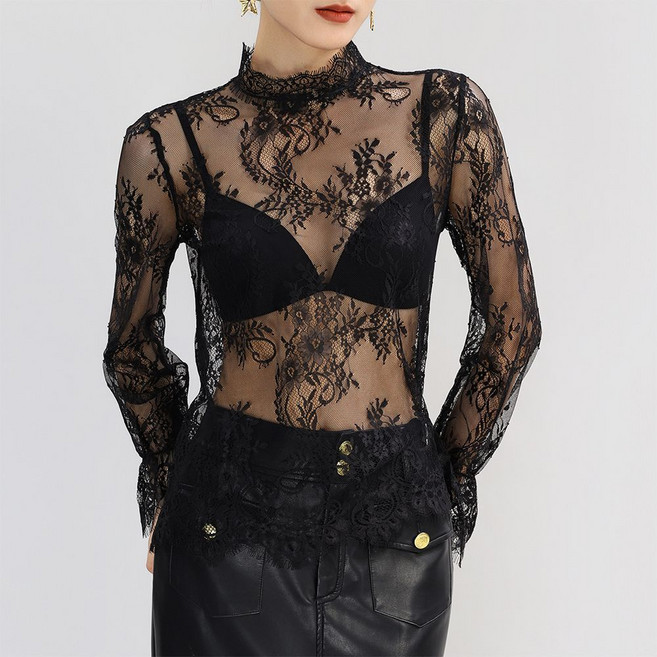 Makone 여성 레이스 반폴라 시스루 티셔츠 이너티 메쉬 망사 티